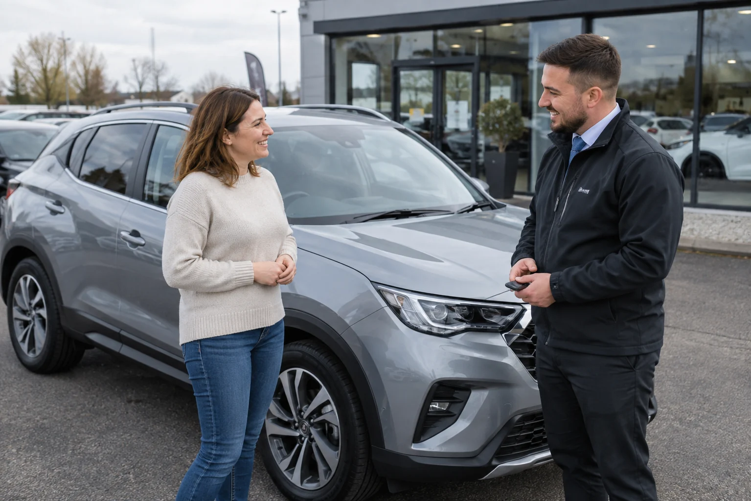 Illustrative photograph of a customer and adviser discussing a family car at a UK forecourt.