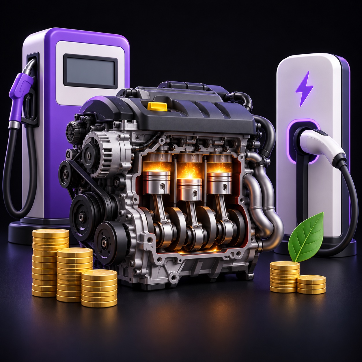 Illustrated engine, fuel pump and electric charging plug